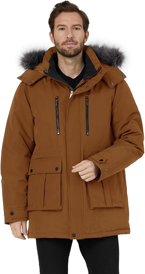 Man wearing a brown parka with fur hood on a white background