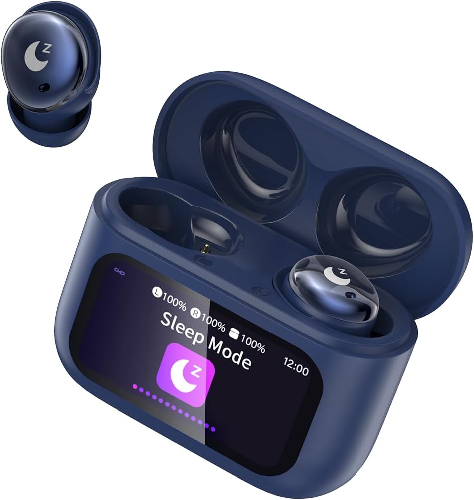 Blue wireless earbuds with charging case on a white background