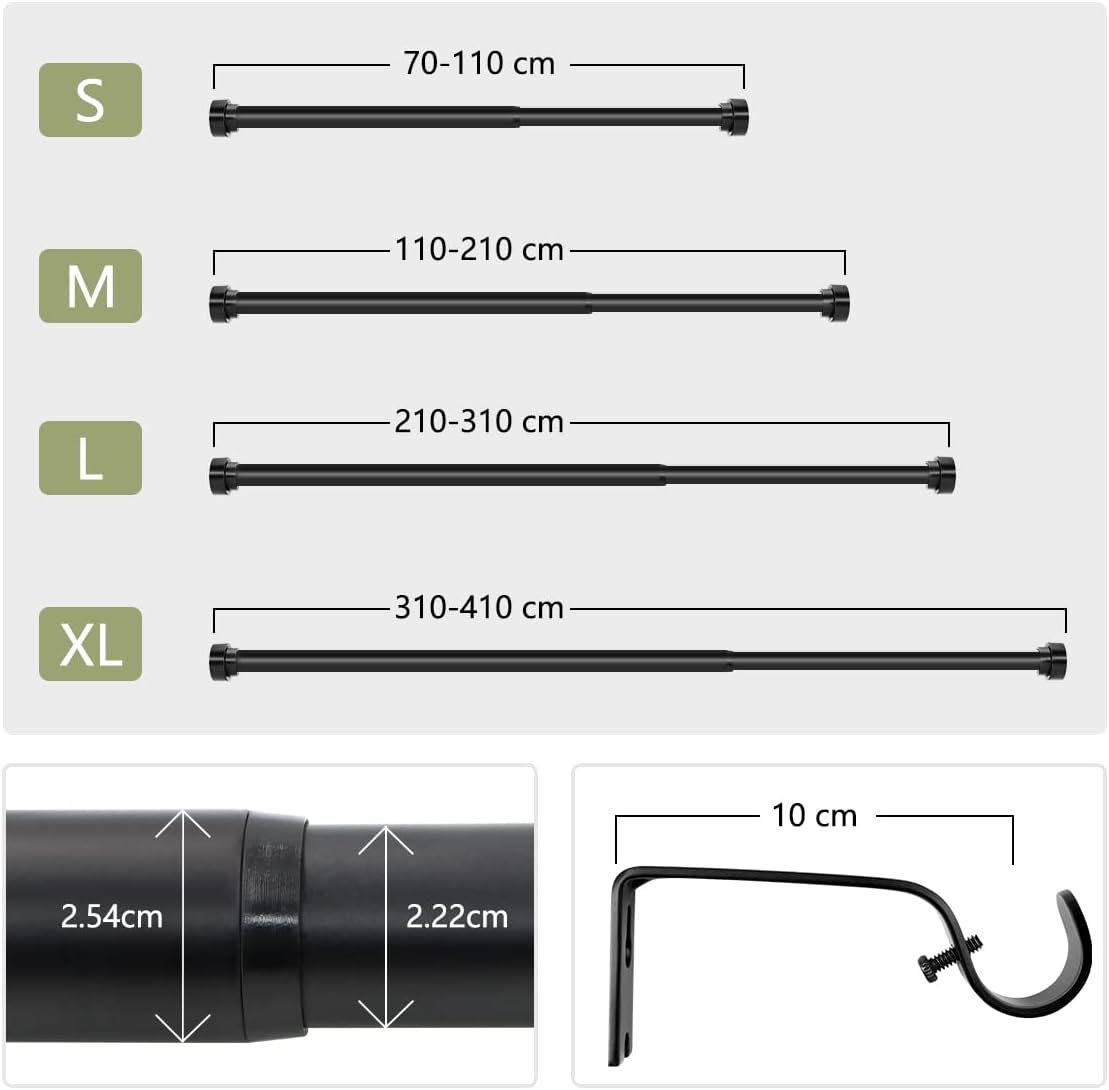Adjustable Curtain Pole 310-410cm Black Cap Finials Brackets XL
