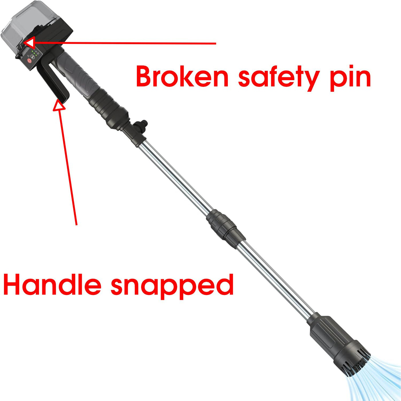 Garden tool with a snapped handle and broken safety pin on a white background