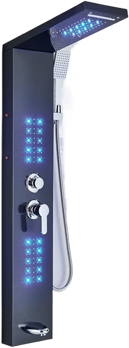 LED Shower Panel Black Rainfall Waterfall Spa Column Dual Mixer Tower
