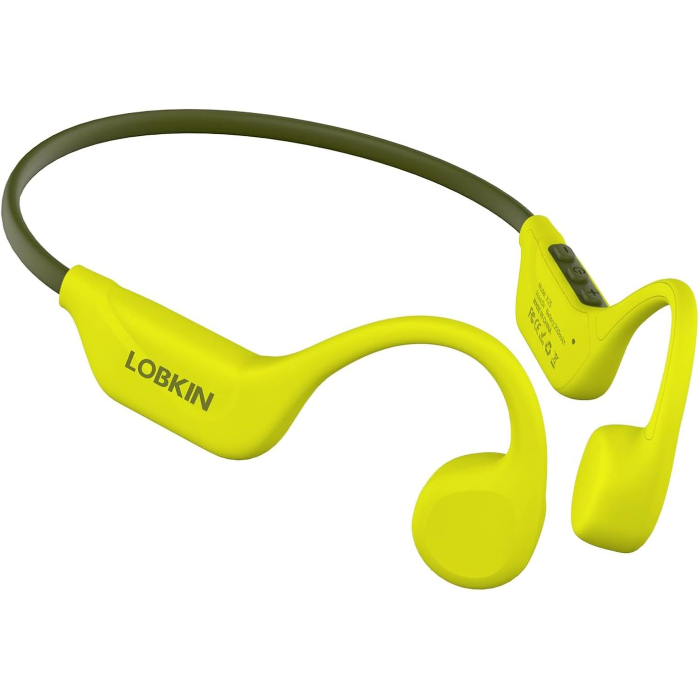 Yellow wireless earbuds with green band on a white background
