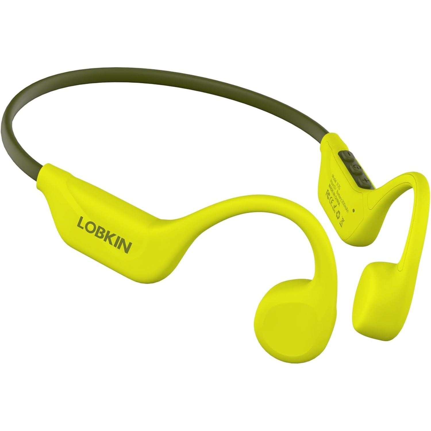 Yellow wireless earbuds with green band on a white background