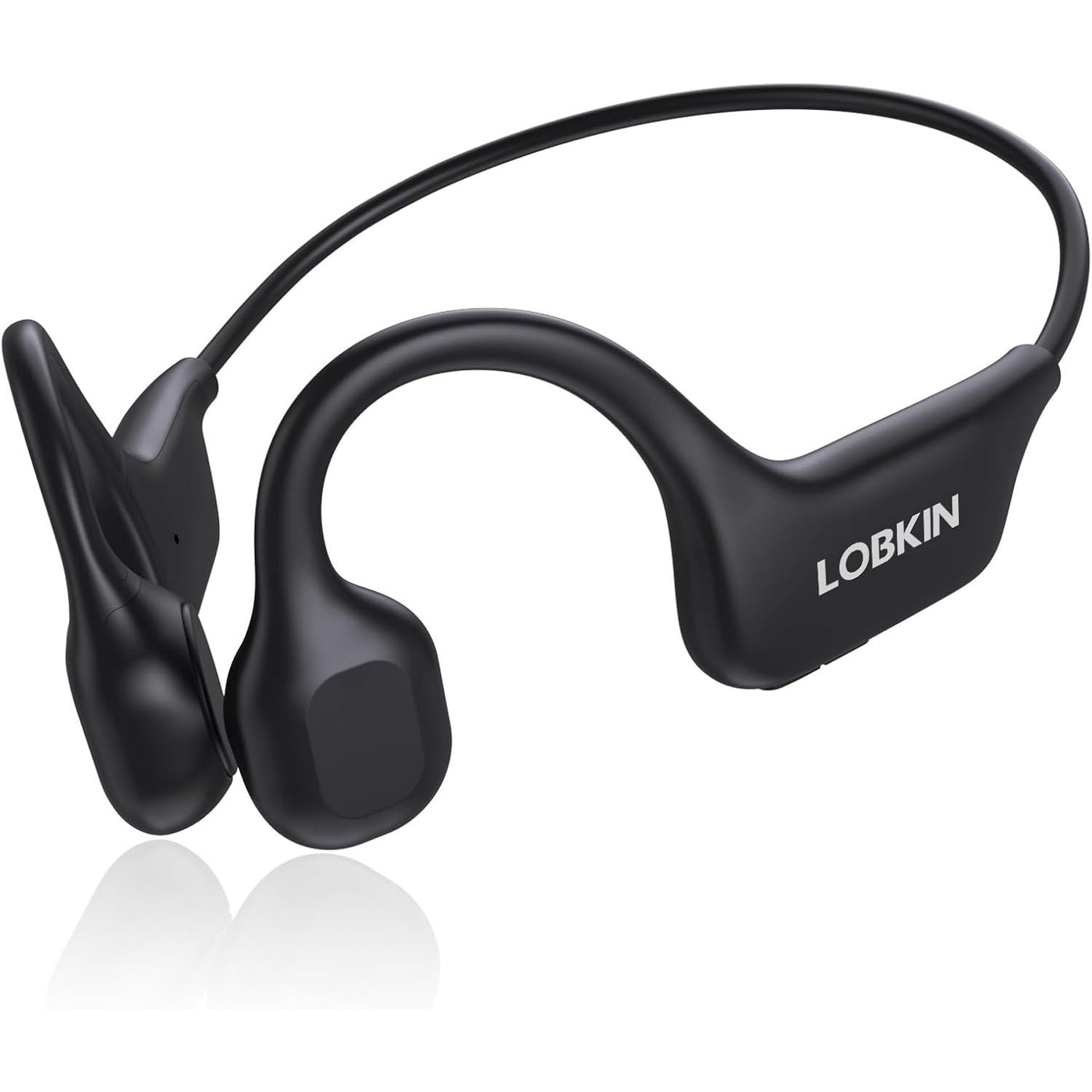 Black wireless earbuds with Lobkin branding on a white background