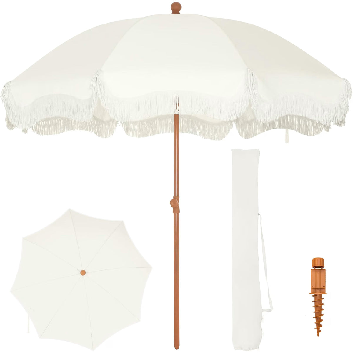 Beach Umbrella 2M UPF 50+ Fringed Boho Parasol Ground Drill Ivory PHI VILLA Patio