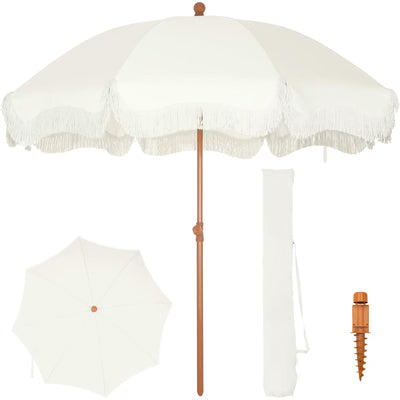 Beach Umbrella 2M UPF 50+ Fringed Boho Parasol Ground Drill Ivory PHI VILLA Patio