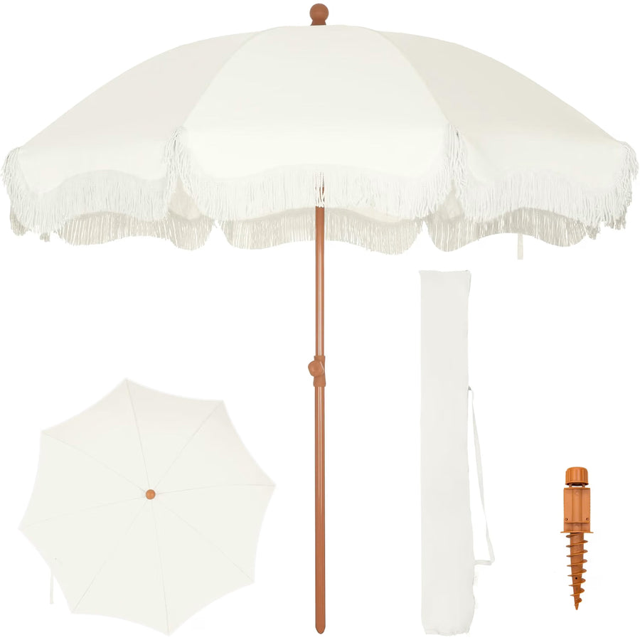Beach Umbrella 2M UPF 50+ Fringed Boho Parasol Ground Drill Ivory PHI VILLA Patio