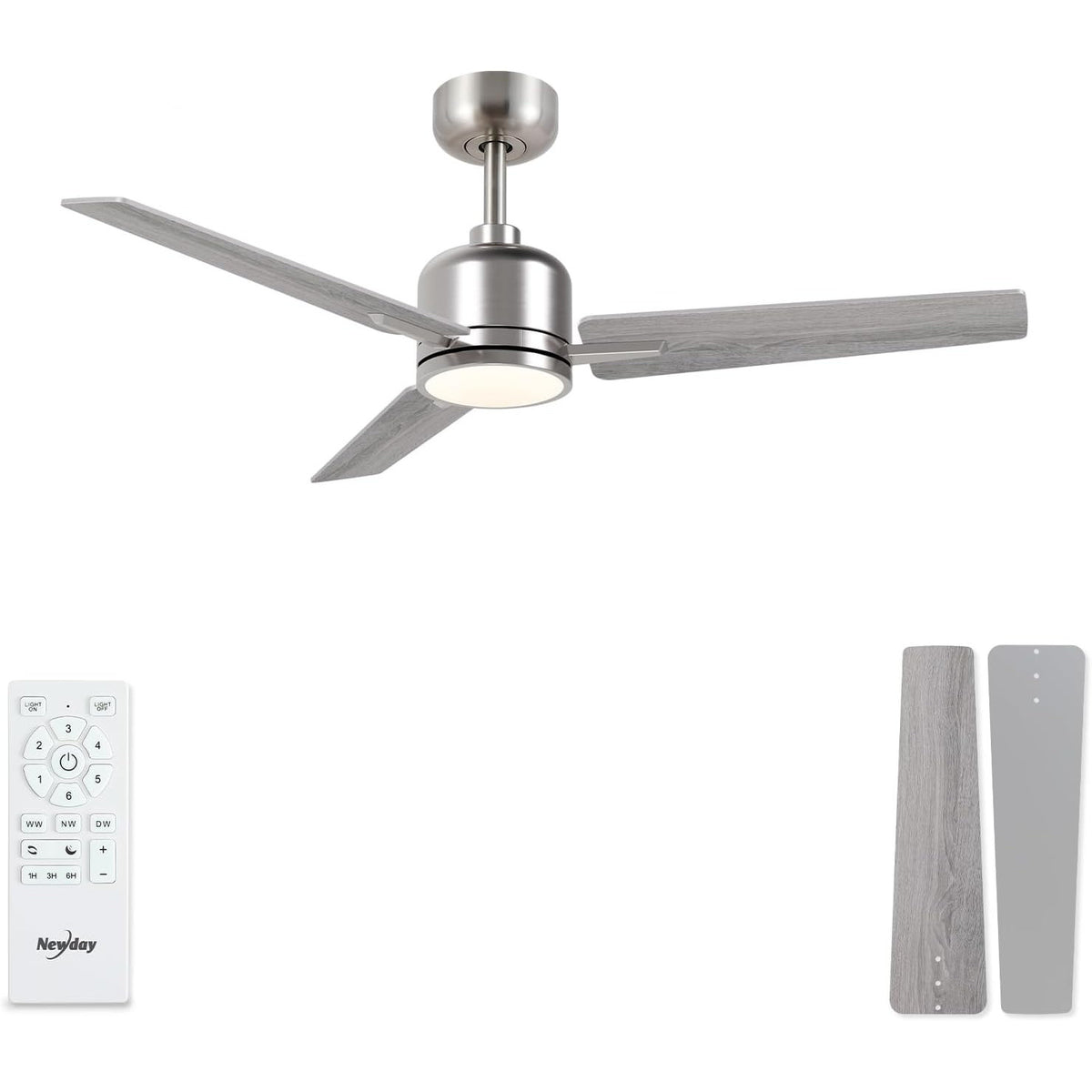 Ceiling Fan with Light 42 Inch Silver Wood Remote Dimmable DC Motor Newday