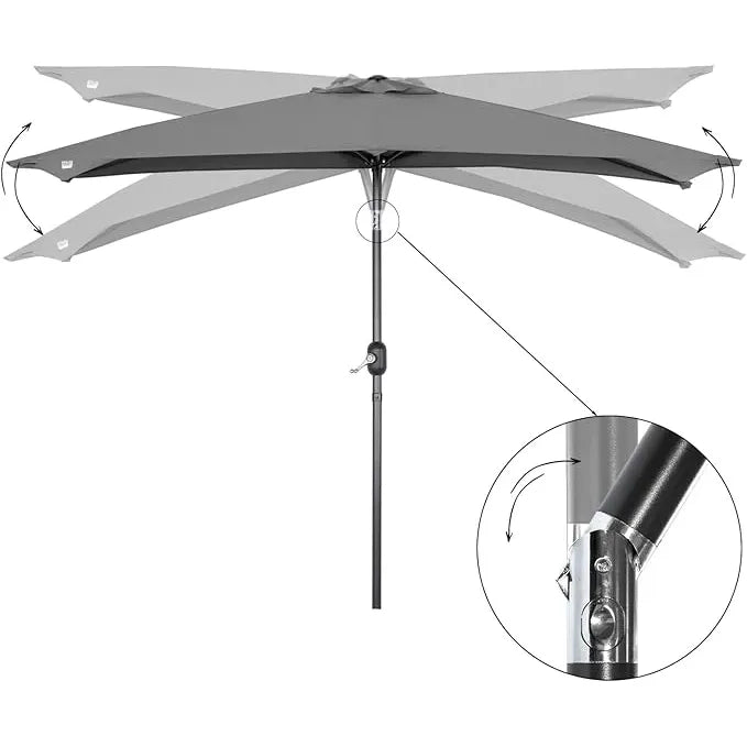 Gray patio umbrella with a black pole and a circular inset showing a close-up of the pole joint mechanism, on a white background.