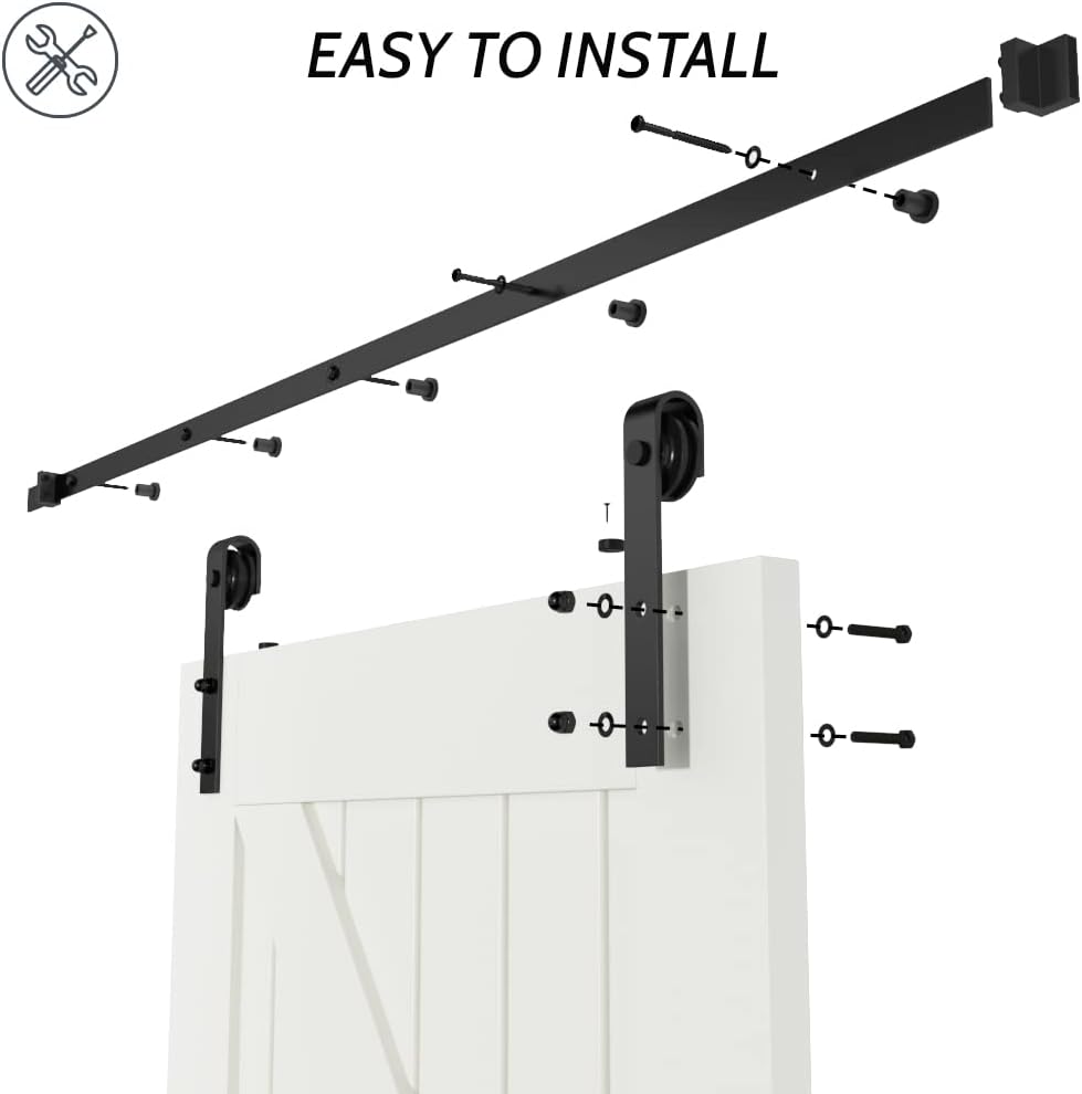 Barn door hardware system with black sliding door and white panel on a white background