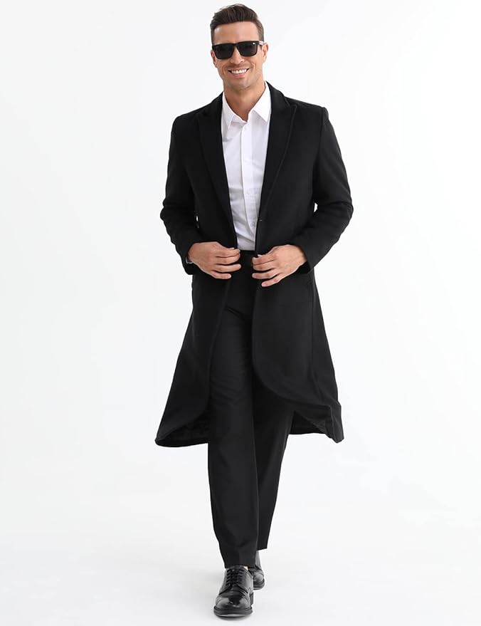 iCKER Men's Slim Fit Wool Trench Coat, Casual Overcoat,  Peacoat Jacket, Size L, Black