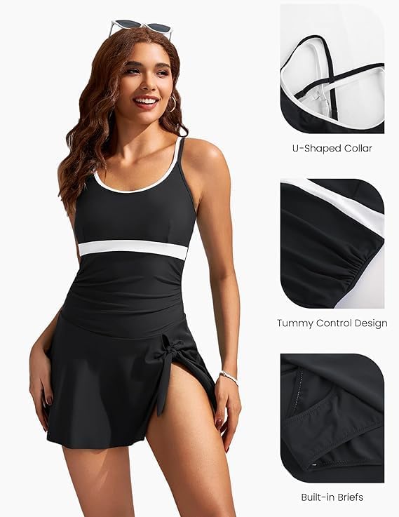 Kate Kasin Women Swimsuit One Piece U-Neck Cross Skirted Size L Black