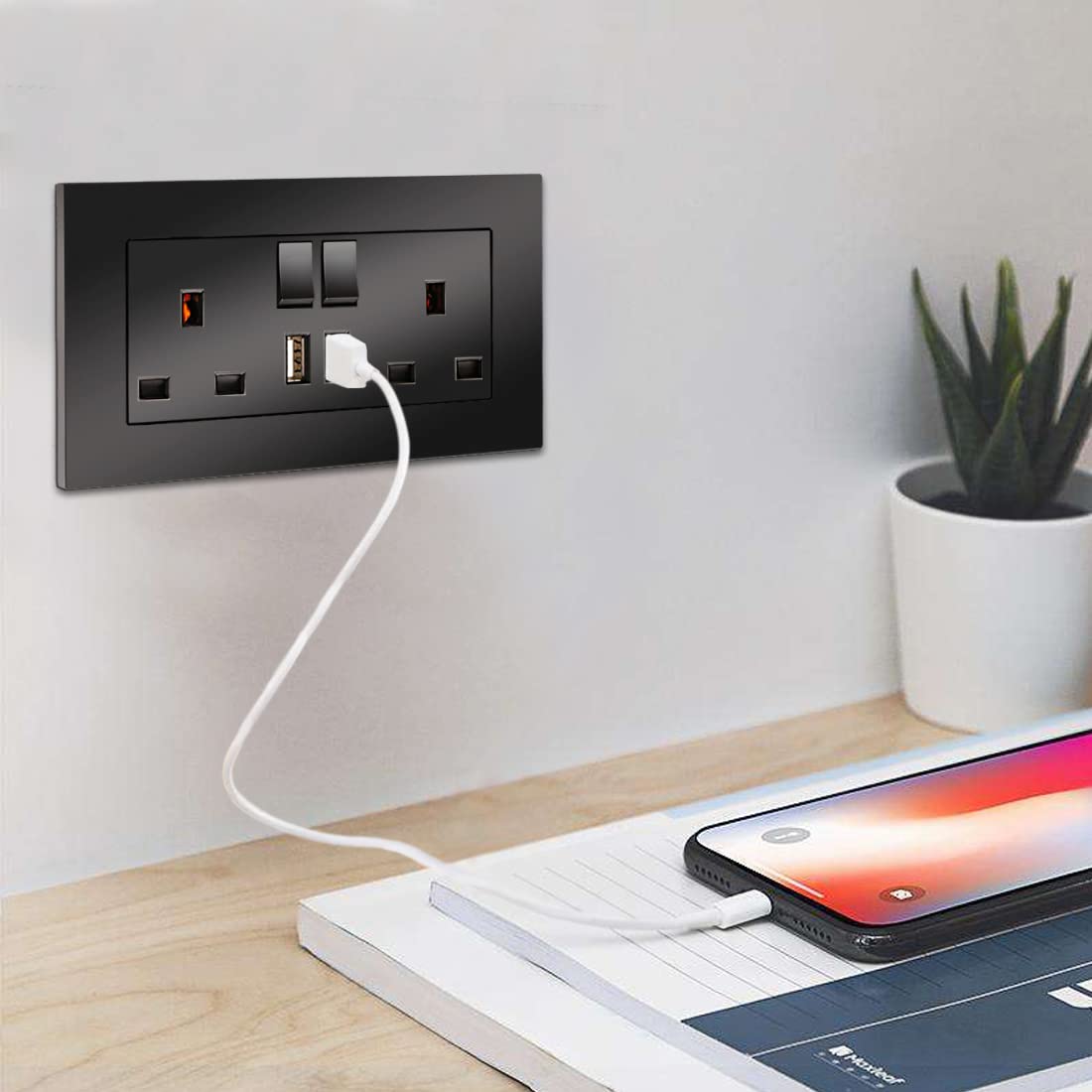 Cnbingo Double Switched Socket 2 Pack CNBINGO with 2 USB Charging Ports Black