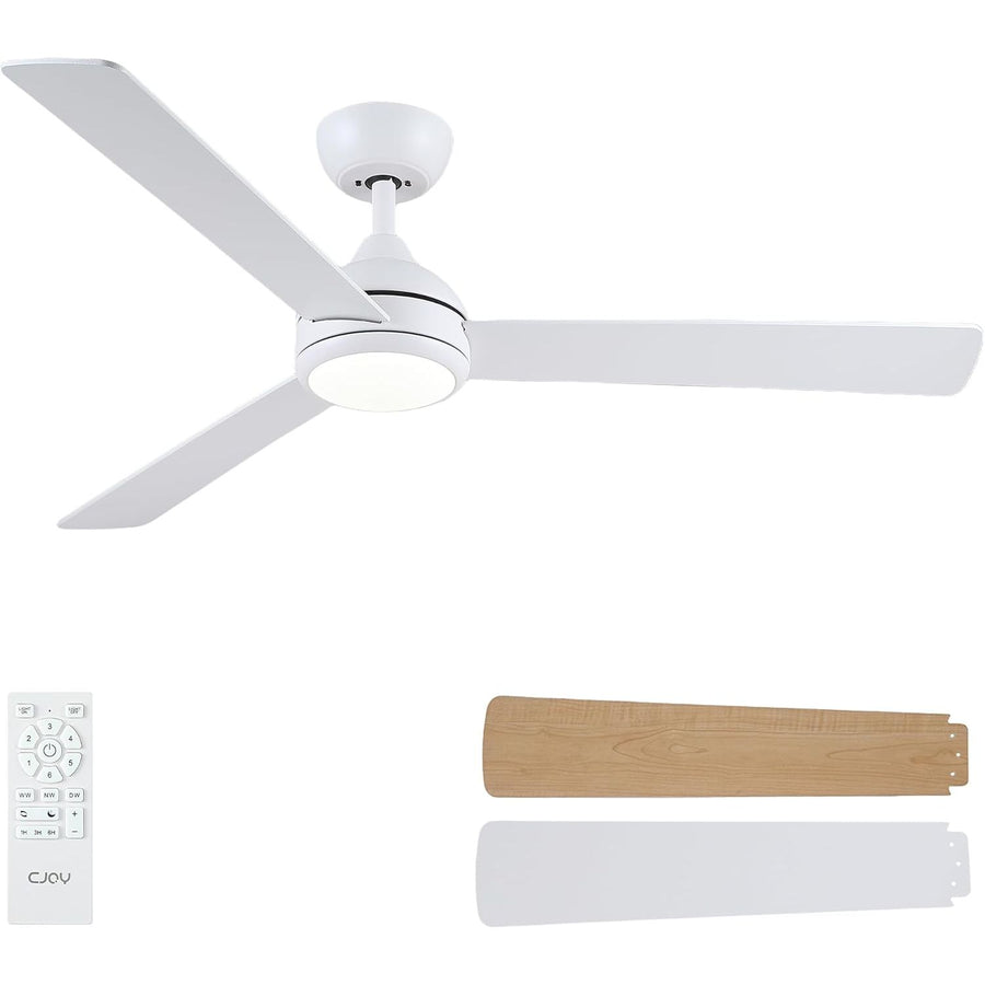 Ceiling fan with remote control and additional blades on a white background