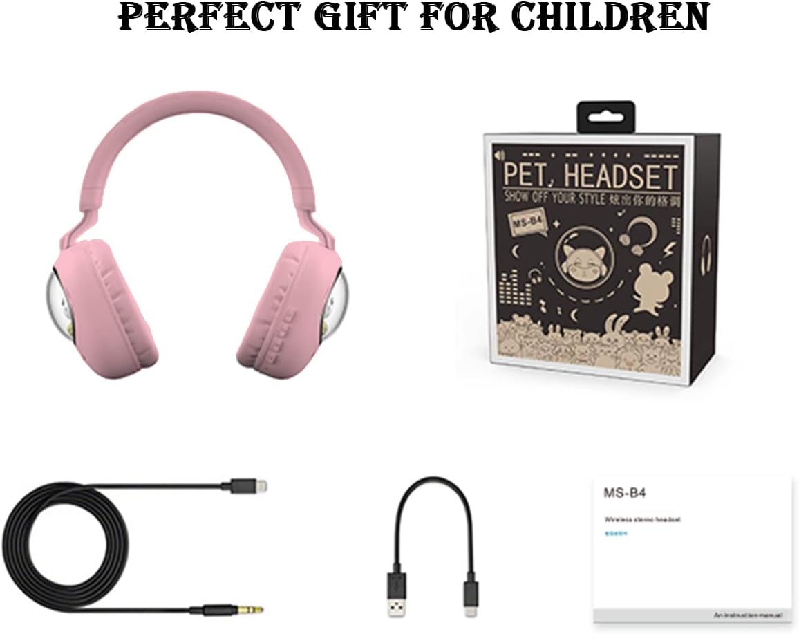 Pink children's headset with packaging, cable, and adapter on a white background