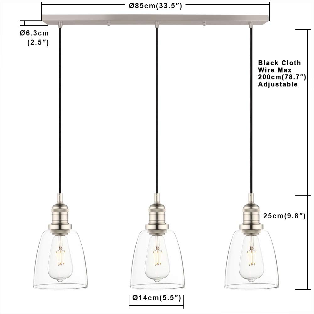 Phansthy Retro 3 Head Chandelier Pendant Light, 2m Adjustable Cord & Glass Shade