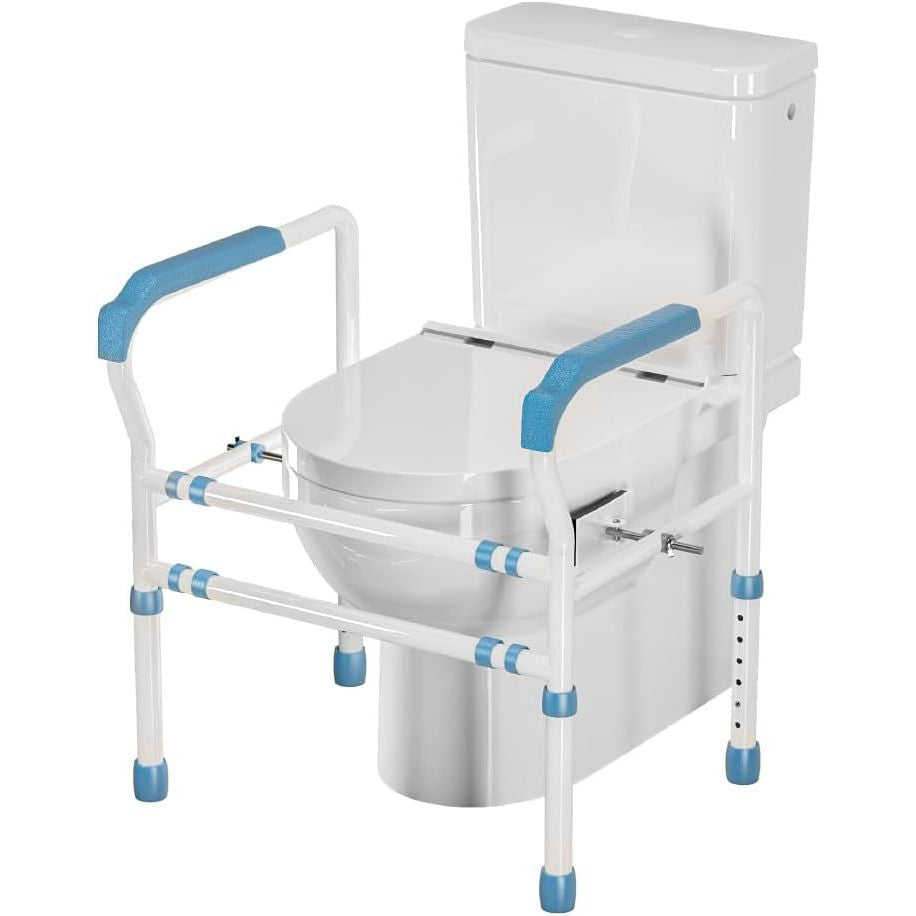 Toilet safety frame with blue handles attached to a white toilet on a white background