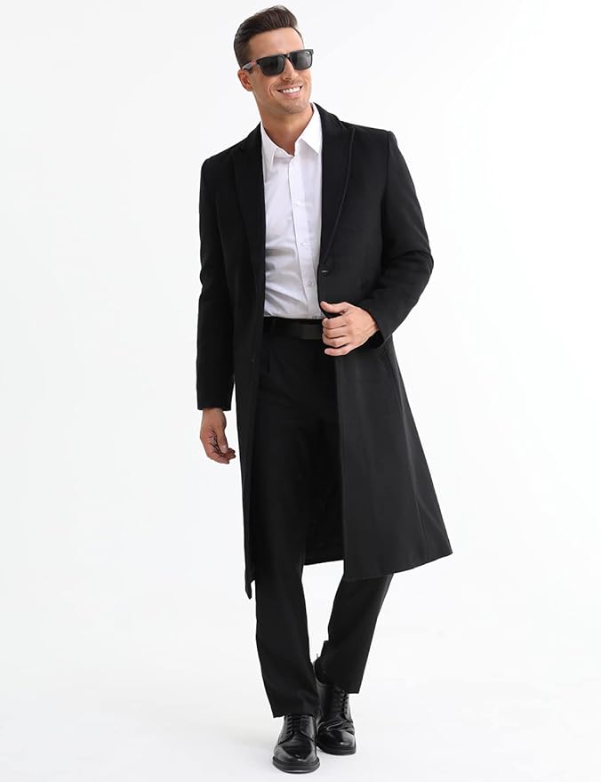 iCKER Men's Slim Fit Wool Trench Coat, Casual Overcoat,  Peacoat Jacket, Size L, Black