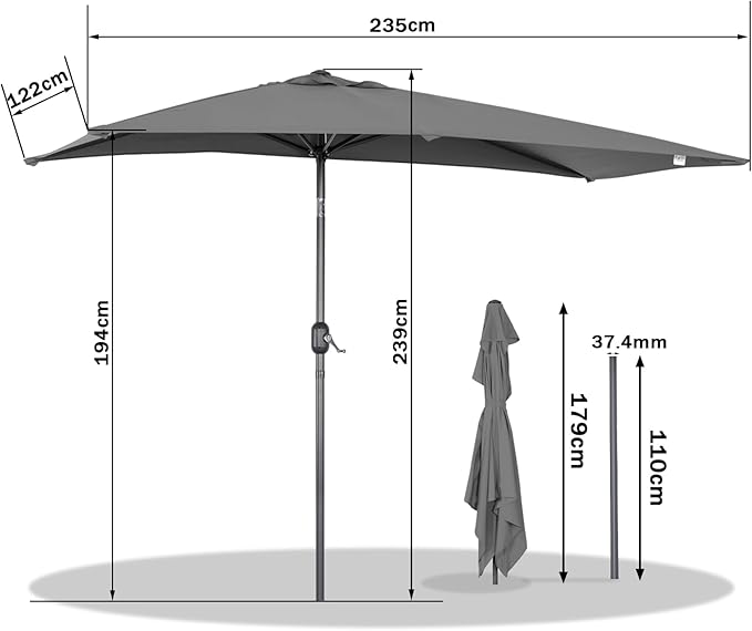 Half Rectangular Patio Parasol UV30+ Tilt Crank Handle Angel Living