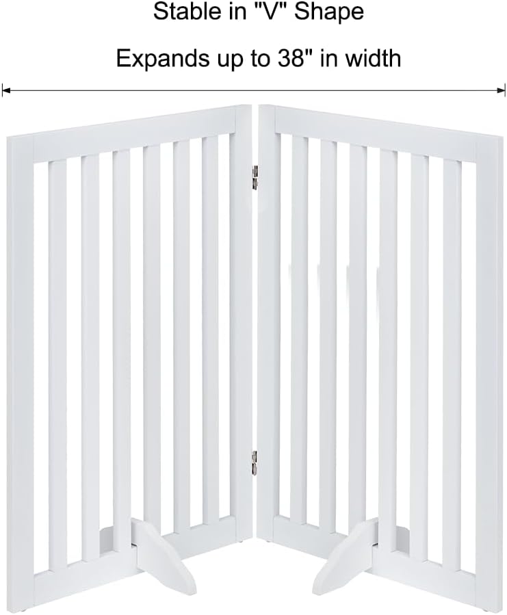 White pet gate with dimensions and stability information on a white background