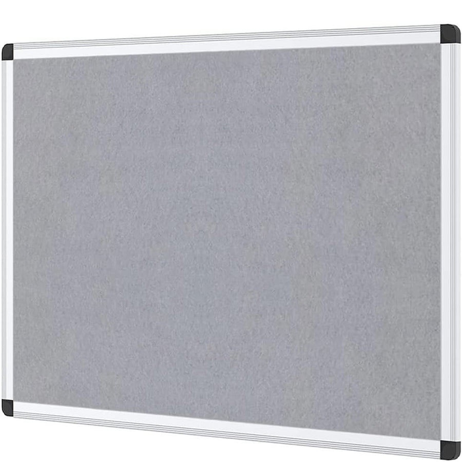 A rectangular gray cork bulletin board with a silver metal frame and black corner protectors, shown against a plain white background.