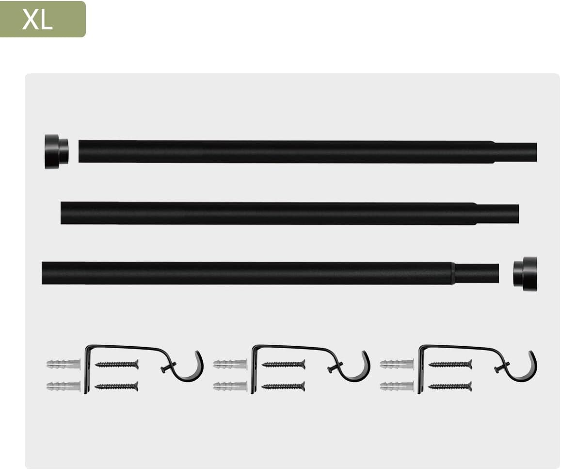 Adjustable Curtain Pole 310-410cm Black Cap Finials Brackets XL