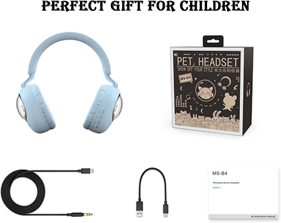 Blue children's headset with packaging, cable, and adapter on a white background