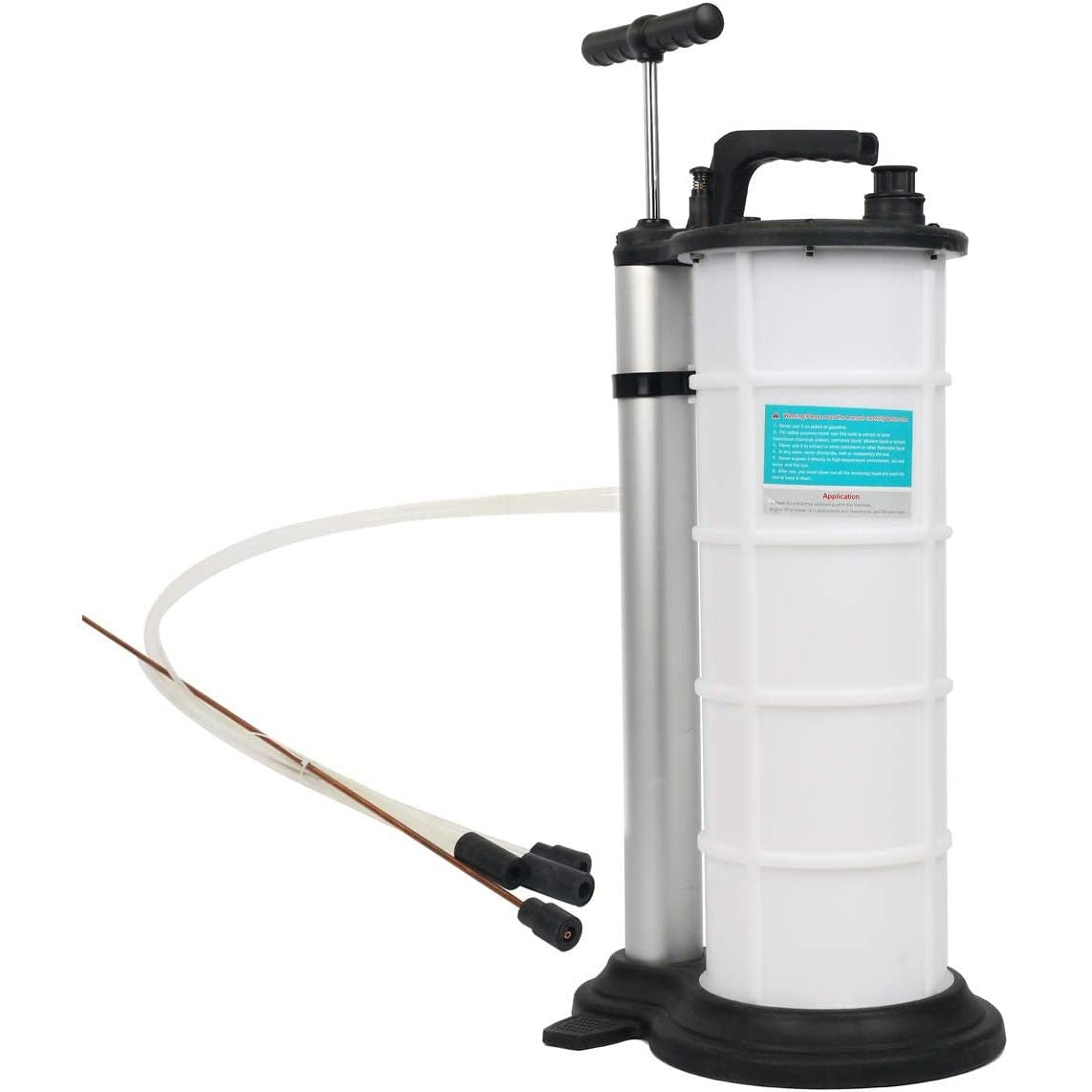 Pump sprayer with a white container and black pump handle on a white background