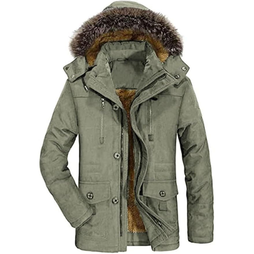 Green winter jacket with fur-lined hood on a white background