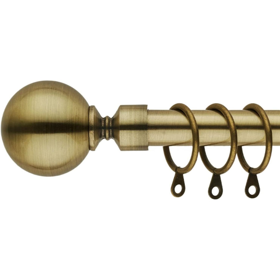 A close-up of a curtain rod with a spherical finial and three hanging rings, shown in a brushed antique brass finish against a white background.