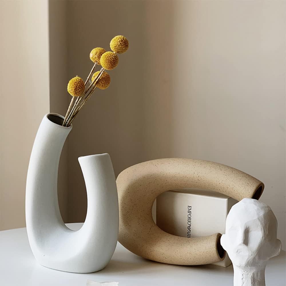 Ceramic Vase White Geometric Modern Art 20cm For Dried Flowers Pampas