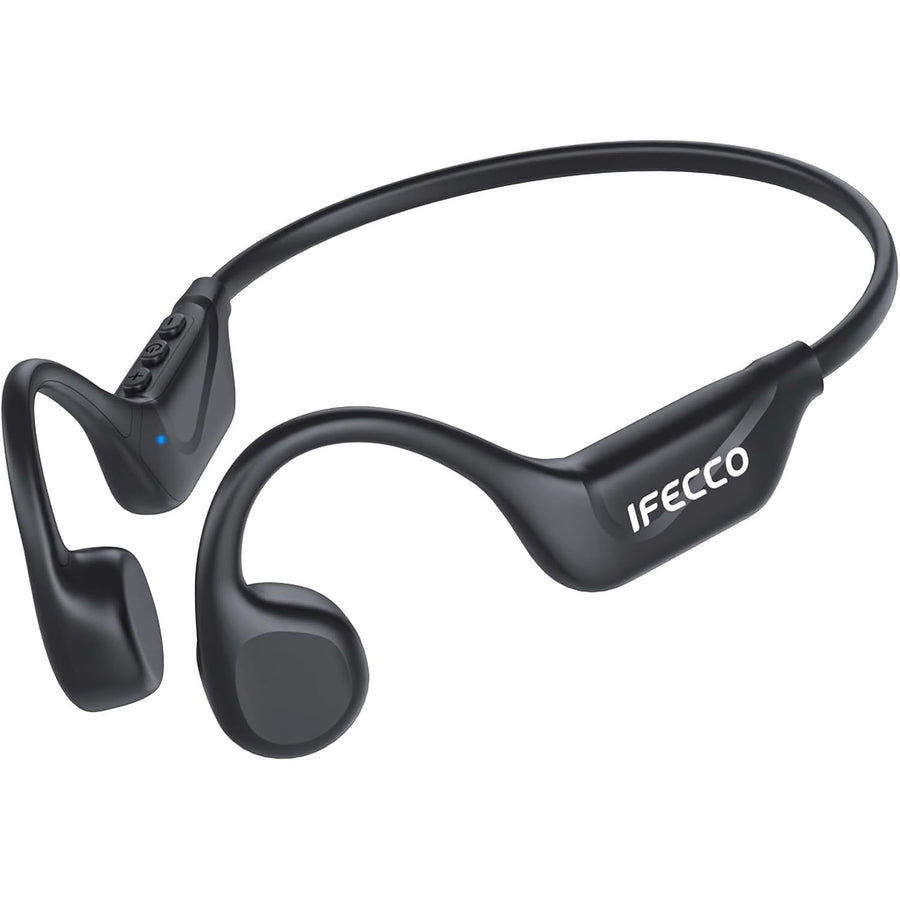Black wireless earbuds with IFecco branding on a white background