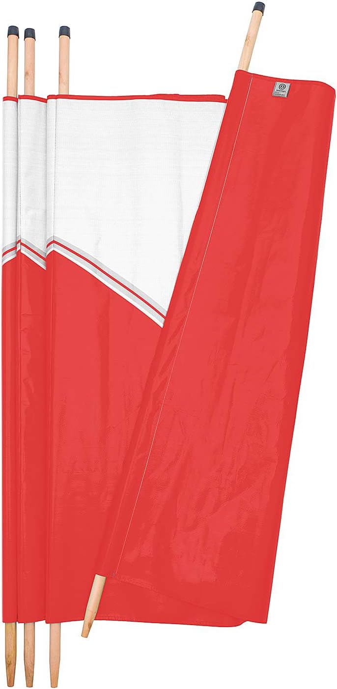 A red and white striped flag with wooden poles, shown partially unfolded on a plain white background.