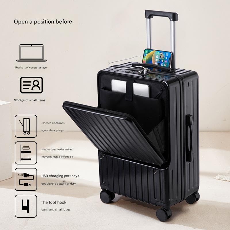 24 Inch Suitcase Lightweight TSA Lock USB Cup Holder Black Simcat Check In Luggage