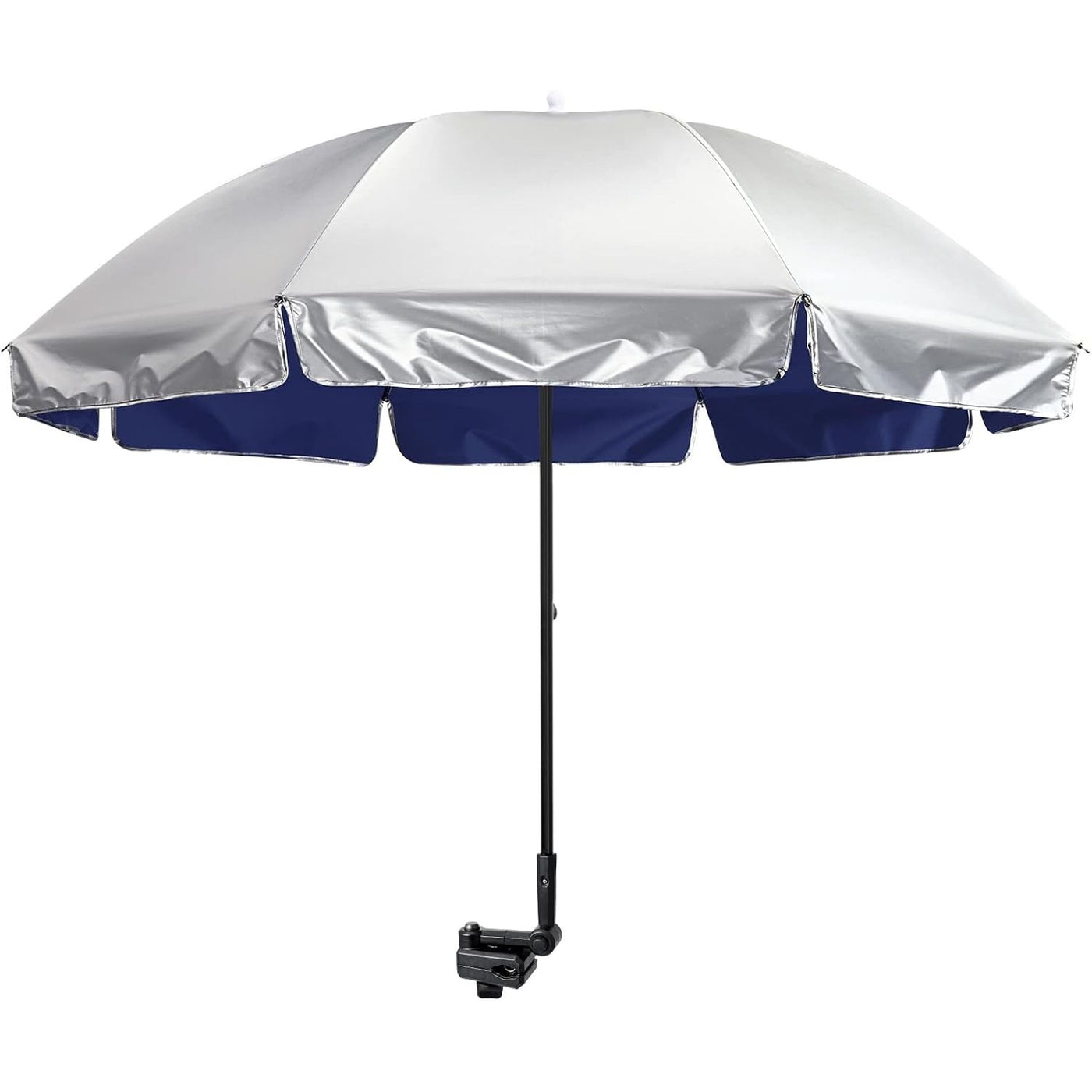 A large silver and navy blue beach umbrella with a black pole and mounting clamp, shown against a plain white background.