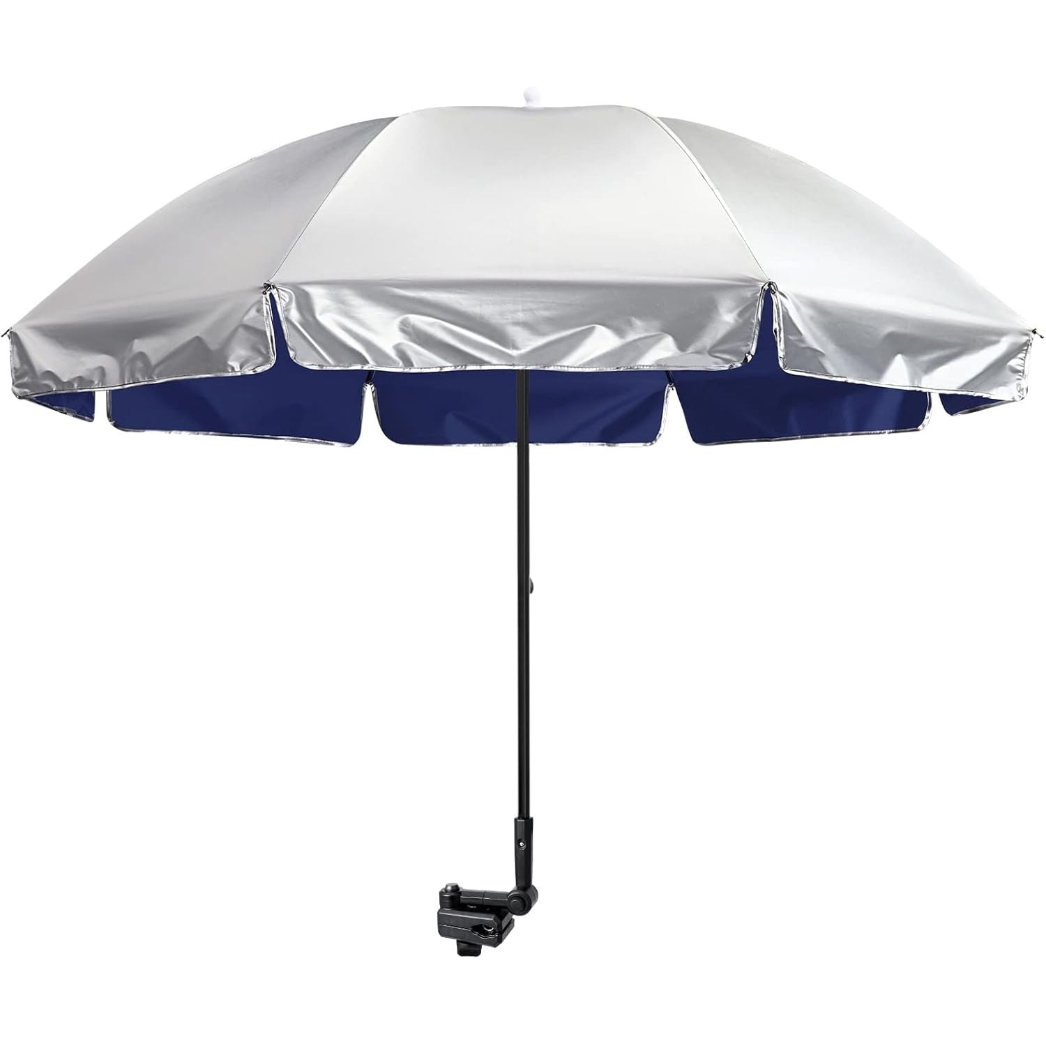 A large silver and navy blue beach umbrella with a black pole and mounting clamp, shown against a plain white background.