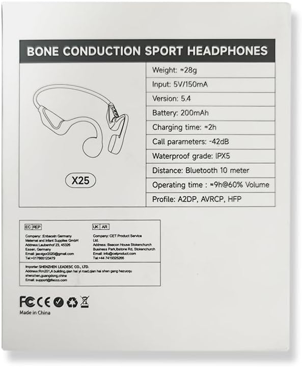 Back view of bone conduction sport headphones with technical specifications on a white background