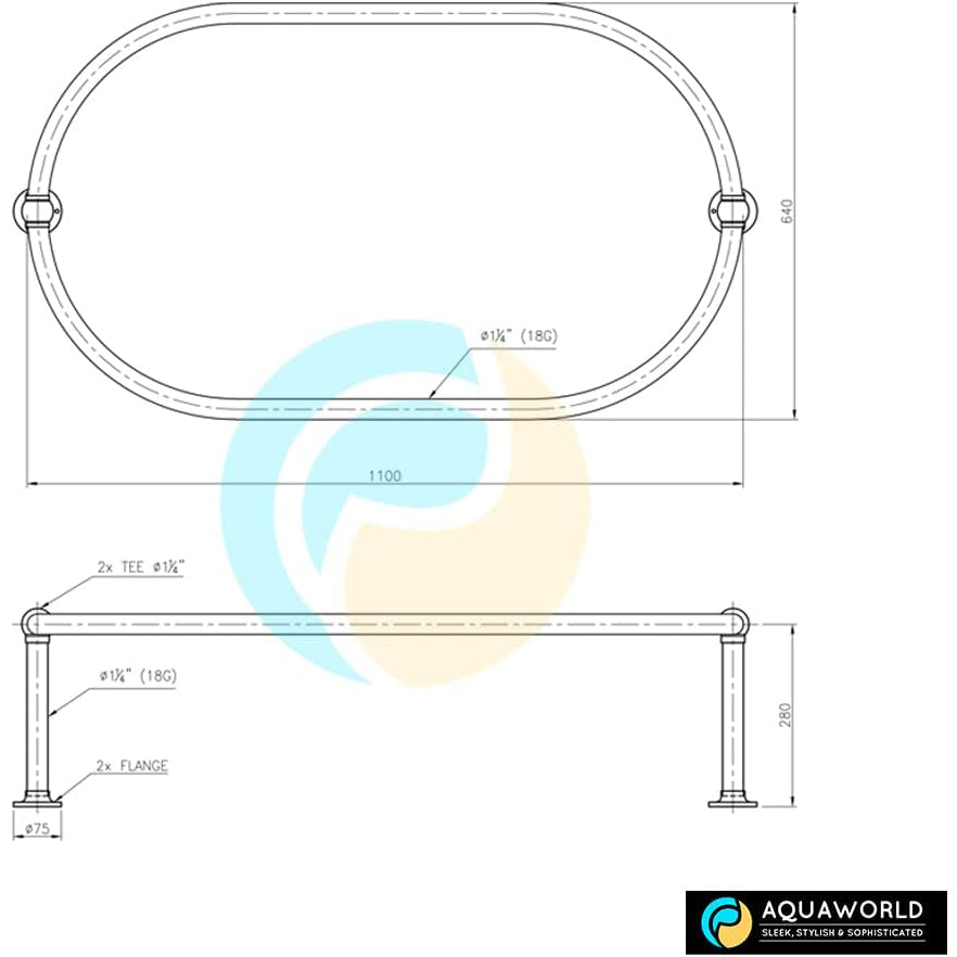 Aquaworld Oval Shower Curtain Rail, Ceiling-Mounted, Steel 110x64x28cm, 14 Rings