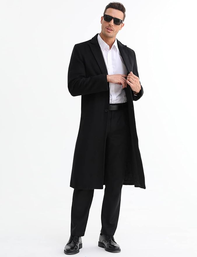 iCKER Men's Slim Fit Wool Trench Coat, Casual Overcoat,  Peacoat Jacket, Size L, Black