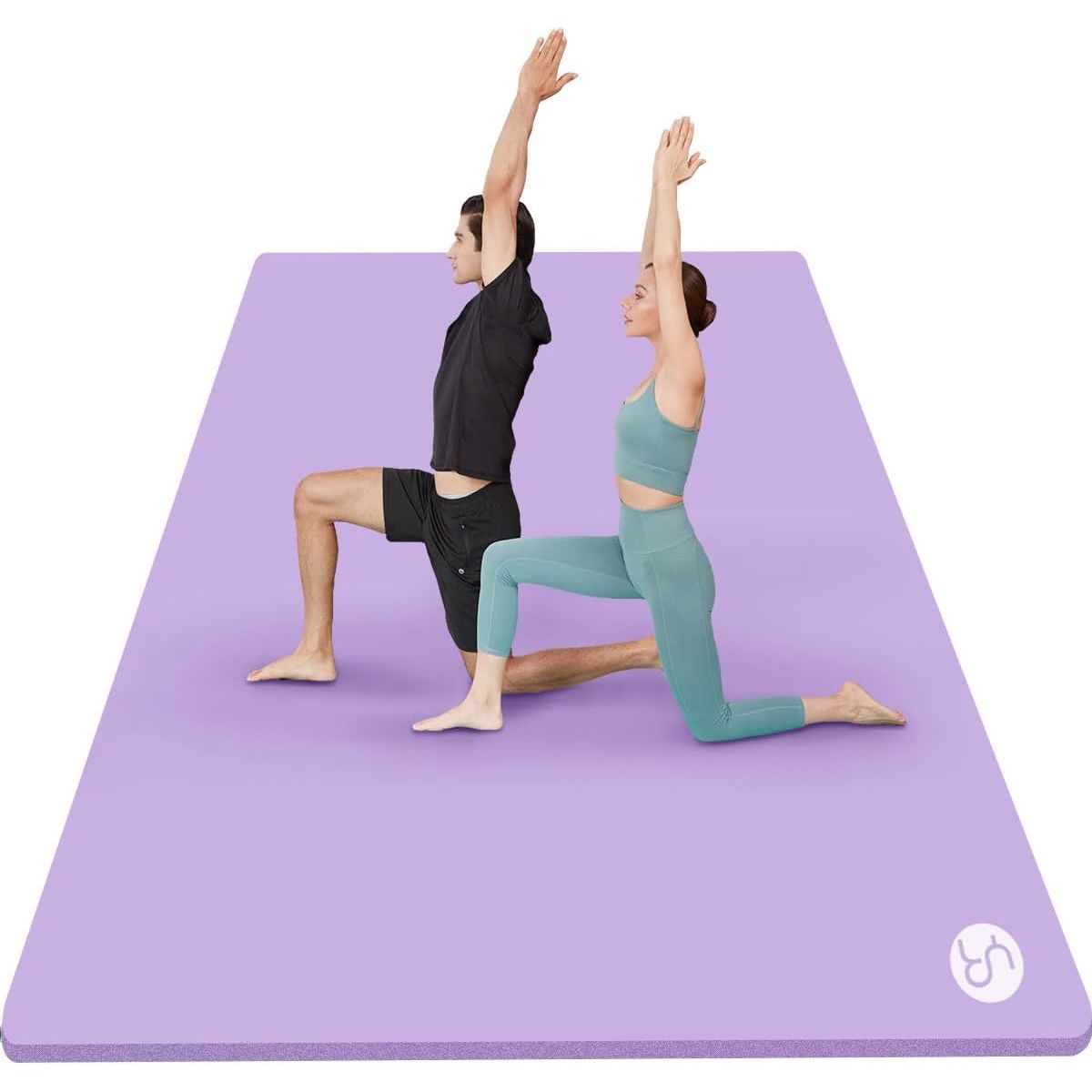 Two people practicing yoga on a purple mat with a white background