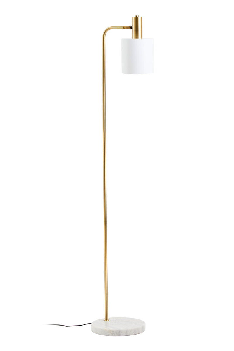 Modern floor lamp with gold base and white shade on a white background