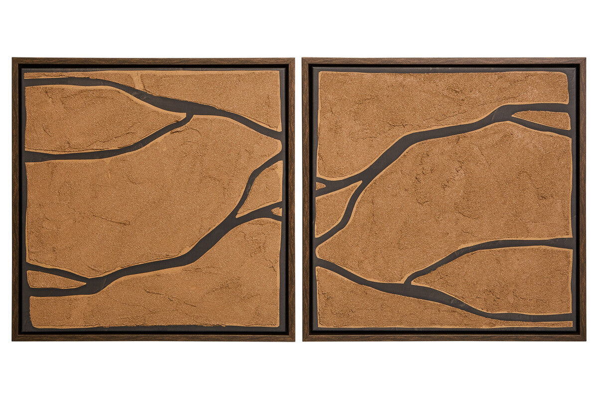 Two framed pieces of art with brown abstract designs on a white background