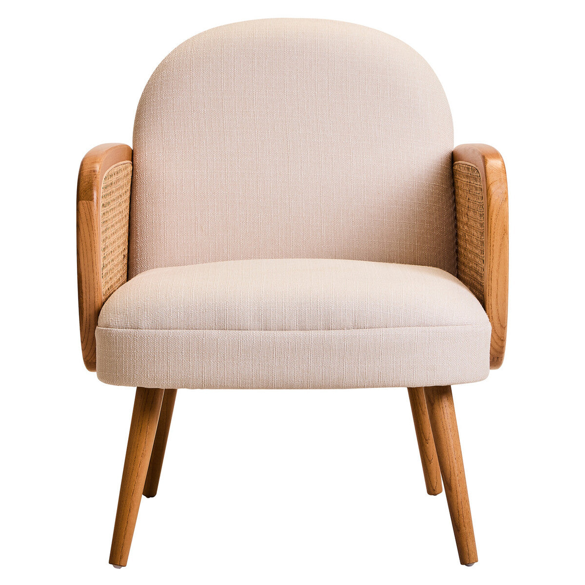Beige armchair with wooden arms and legs on a white background