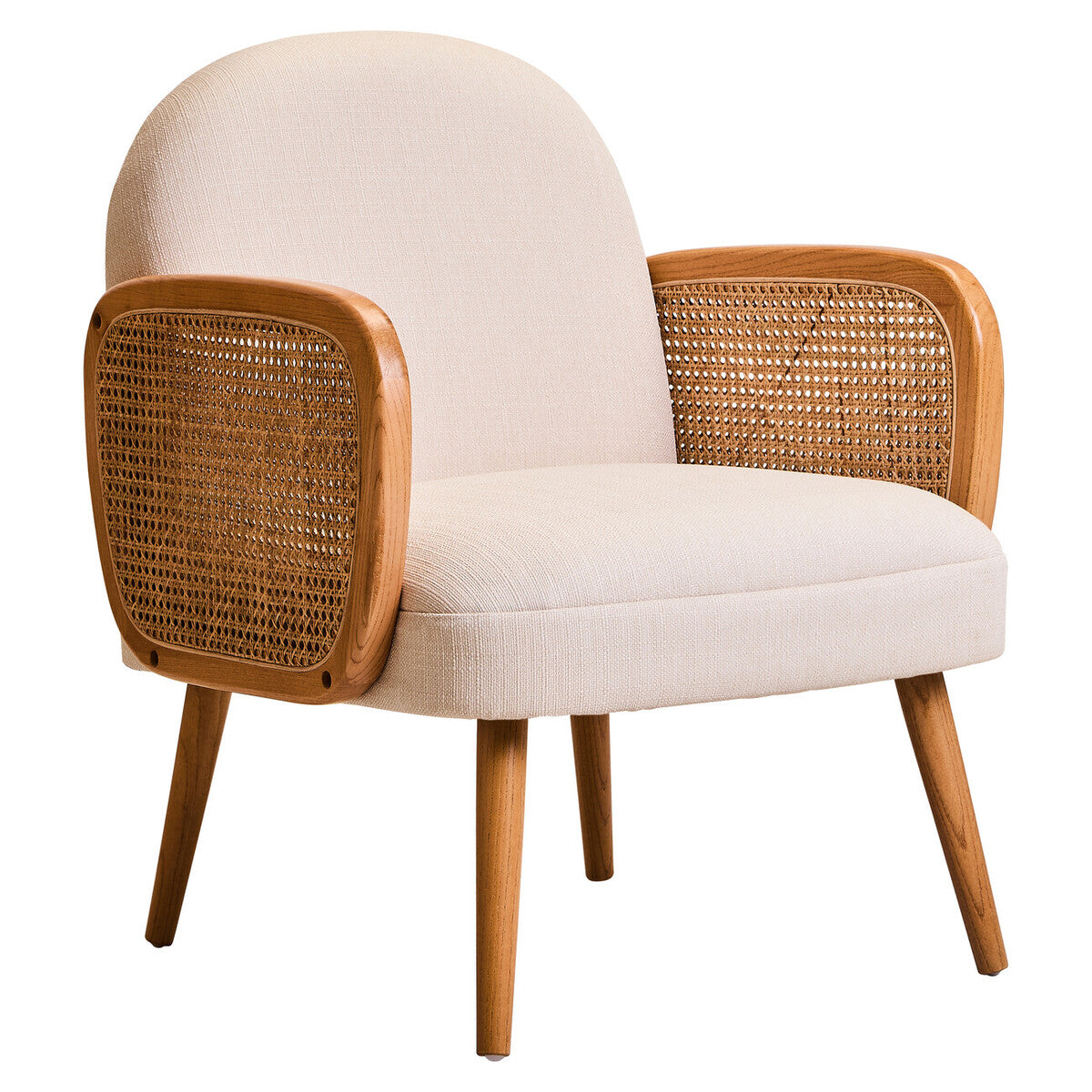 Chair with beige cushion and wooden frame on a white background