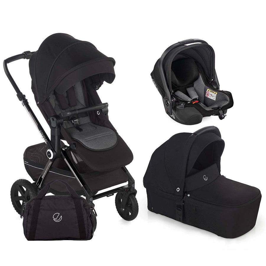 Black baby stroller and car seat set on a white background