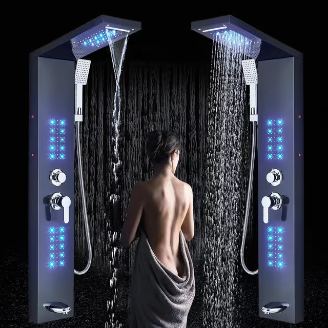 LED Shower Panel Black Rainfall Waterfall Spa Column Dual Mixer Tower