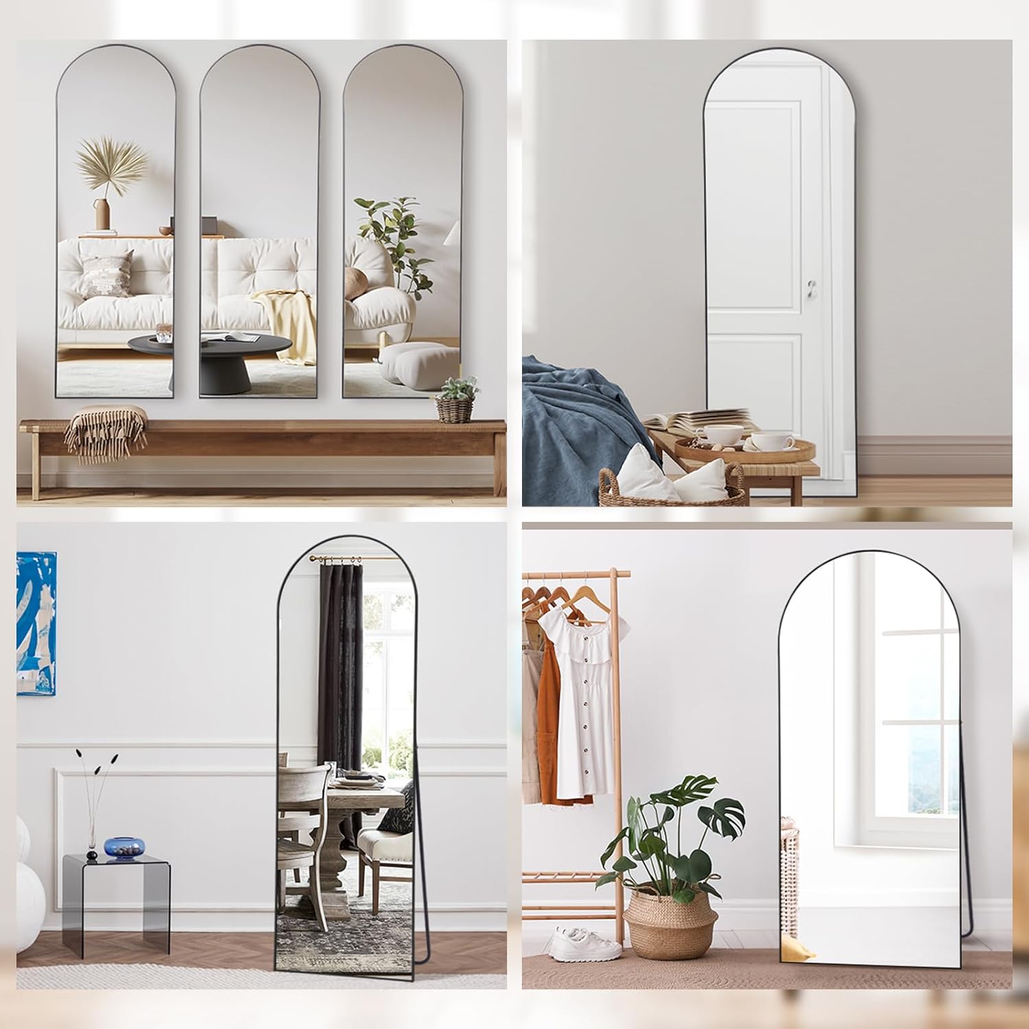 Collage of arch-shaped mirrors in various room settings.
