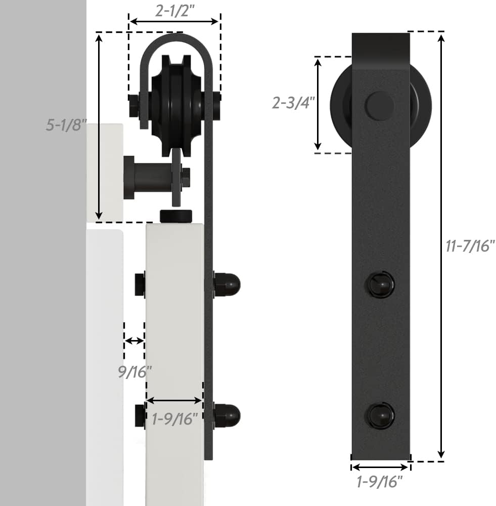 Barn door hardware with measurements on a white background