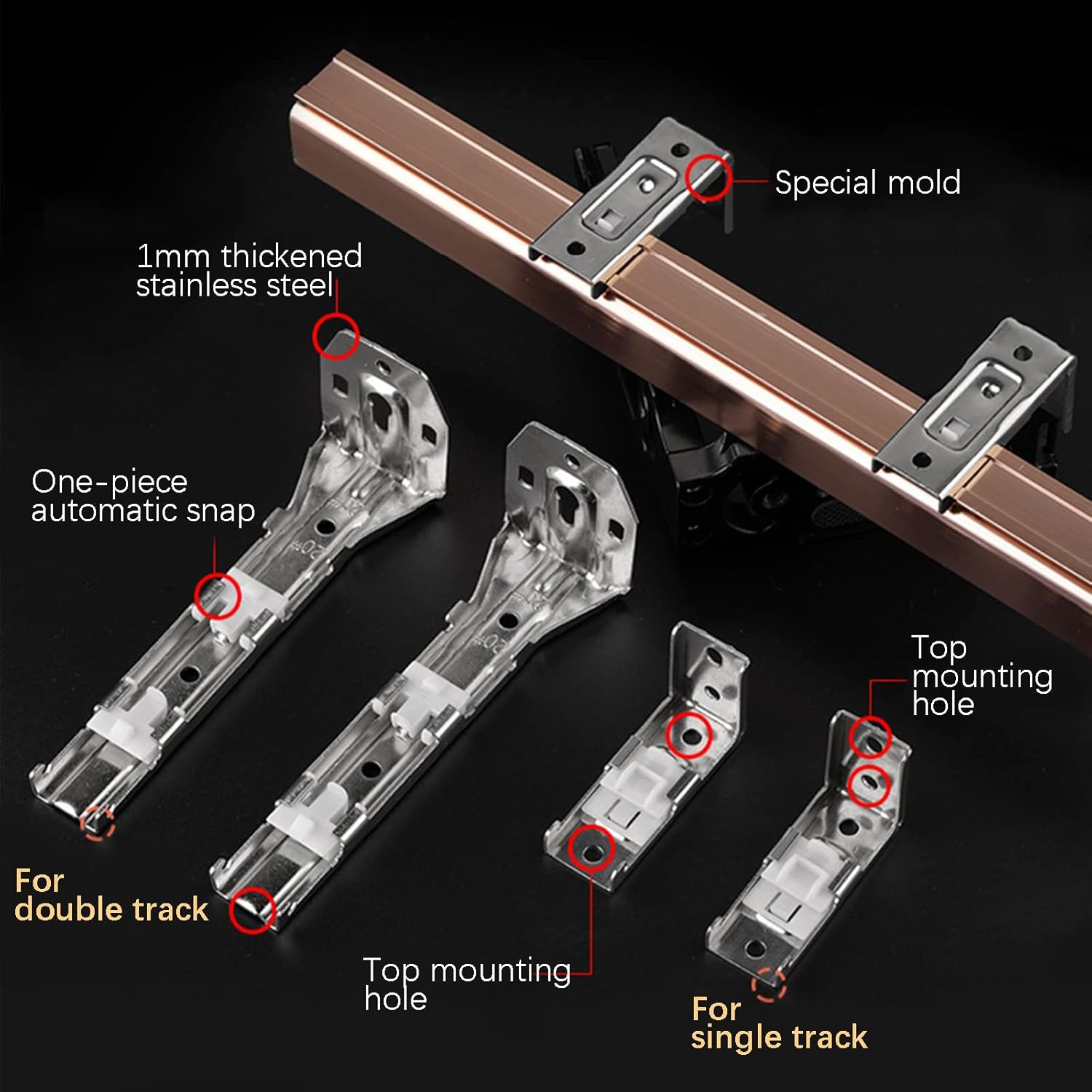 Hinge assembly with labeled features on a dark background