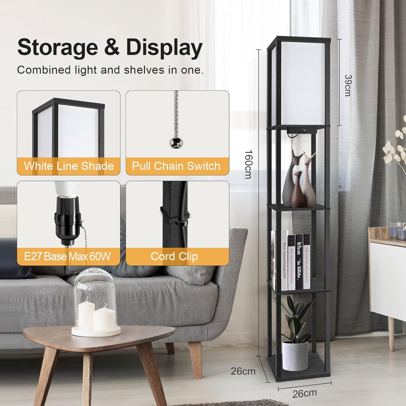 OUTON Shelf Floor Lamp with Remote, Dimmable LED USB Ports Timer Black Lampshade